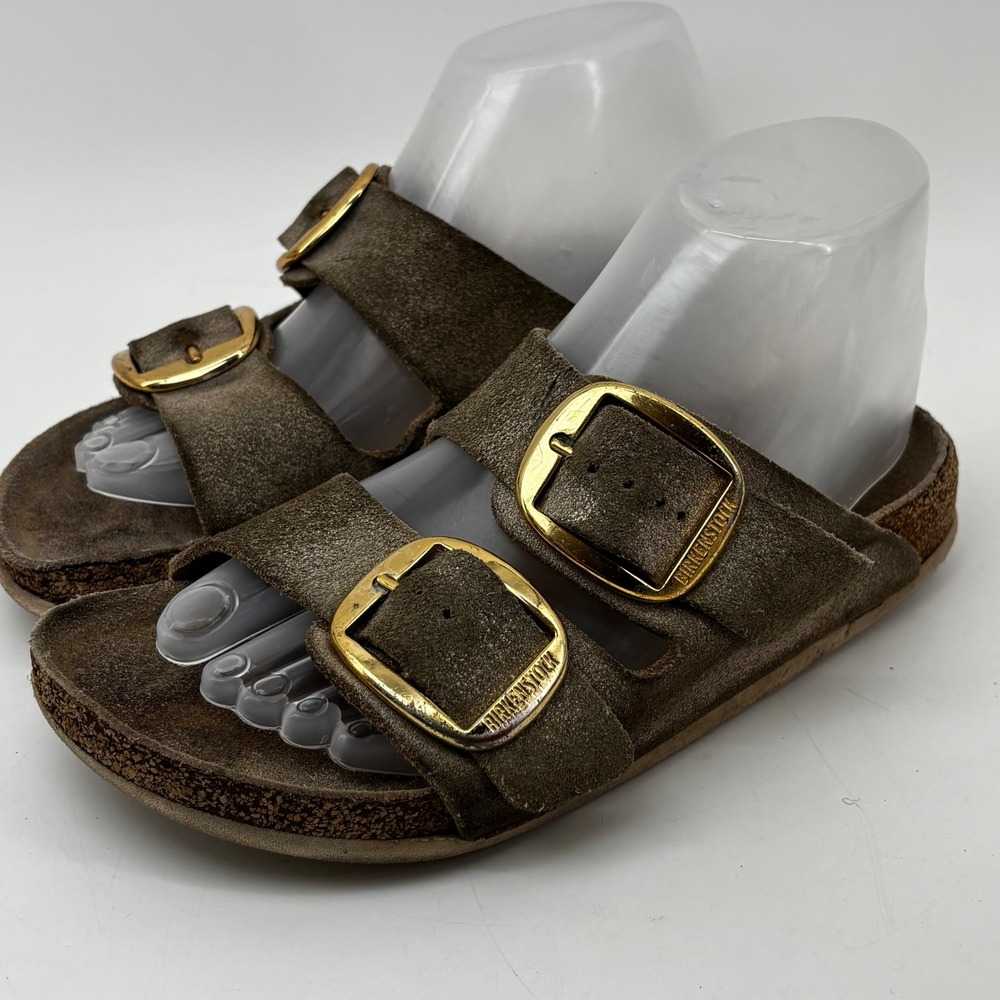 Birkenstock Arizona Big Buckle Olive Green Suede Gold Hardware Sandals